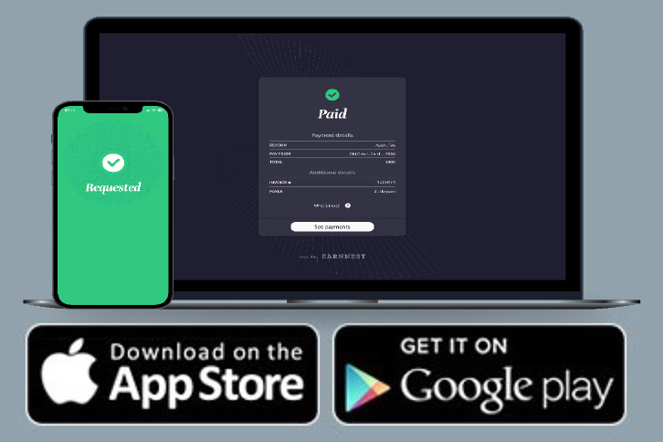 Laptop and smartphone with button links to app stores